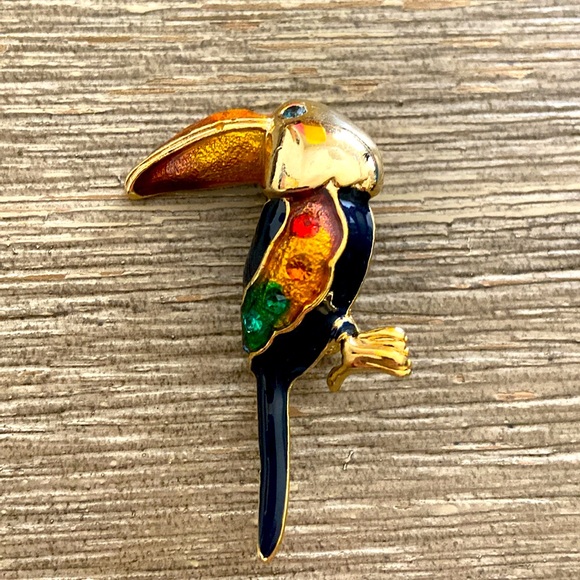 Vintage 90s Swirl Enamel & Rhinestones TUCAN BIRD Broach - Picture 3 of 6